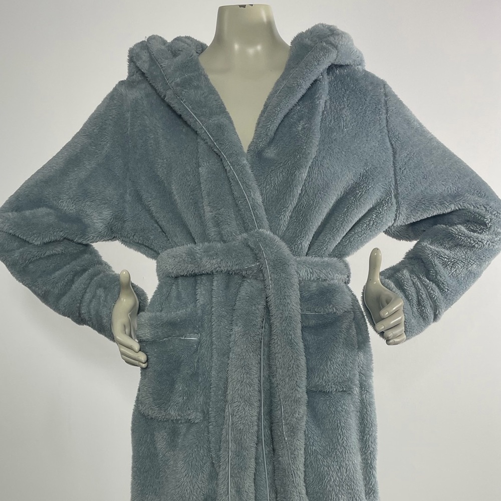 Anthropologie Eri & Ali Prudence Hooded Robe Sherpa Grey Blue Size S